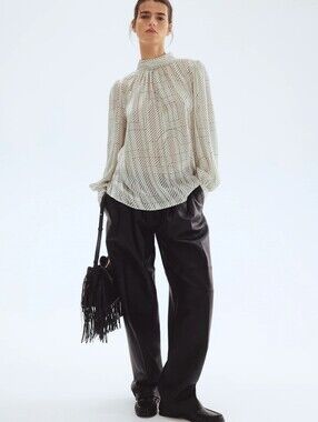 H&M Cream and Black Geometric Long Sleeve Sheer Blouse